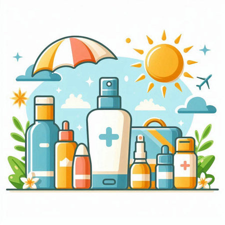 Vector illustration of a set of sun protection products. Sun protection.のイラスト素材
