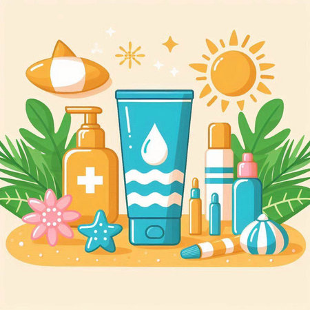 Sunscreen, sunblock, lotion, cream, lotion. Vector illustration.のイラスト素材