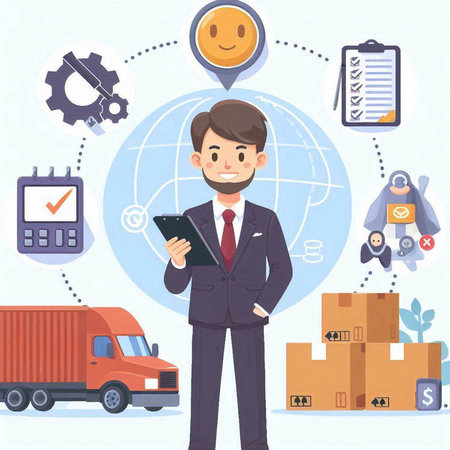 Businessman with clipboard and logistic icons around. Vector illustration.のイラスト素材