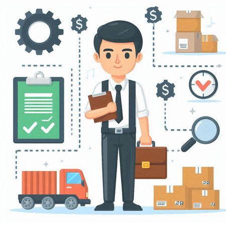 Businessman with checklist and cargo truck. Vector illustration in flat styleのイラスト素材