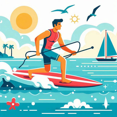 Man on stand up paddle board in the sea. Vector illustration.のイラスト素材