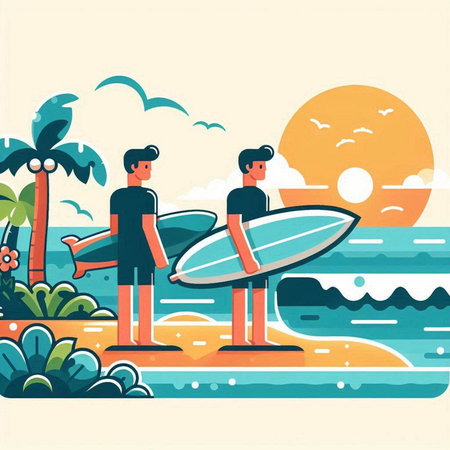 Surfers at the beach. Vector illustration in flat style.のイラスト素材