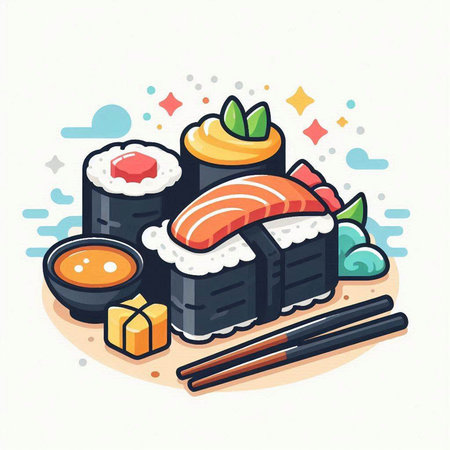 Sushi and rolls. Japanese food. Vector illustration in cartoon style.のイラスト素材