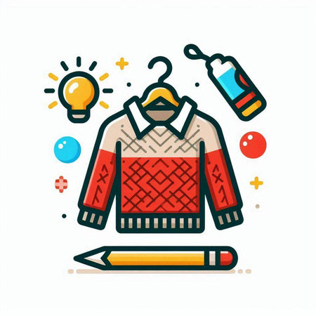 Knitted sweater with pencil and lightbulb. Vector illustration.のイラスト素材