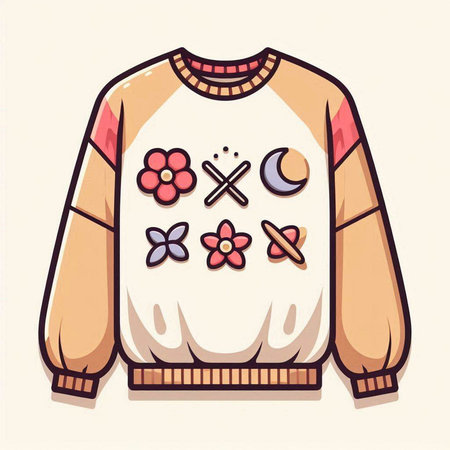 Hippie sweater with flowers and moon. Vector illustration in doodle styleのイラスト素材