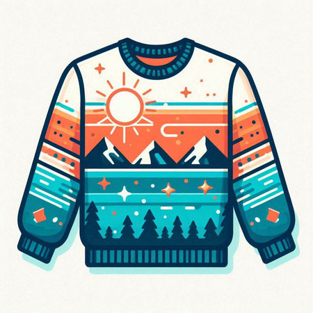 Winter sweater with mountains and snowflakes. Vector illustration in flat style.のイラスト素材