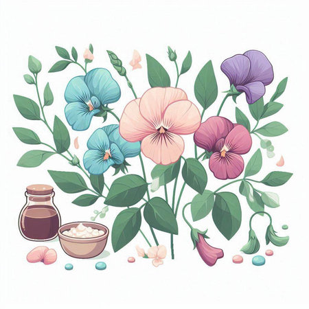 Vector illustration of a bouquet of pansy flowers, leaves, salt and aroma oil.のイラスト素材