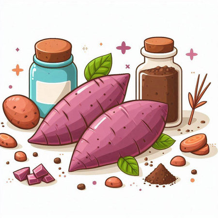 Illustration of sweet potatoes and a bottle of oil on a white backgroundのイラスト素材
