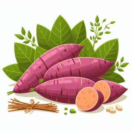 Sweet potato with leaves isolated on white background. Vector cartoon illustration.のイラスト素材