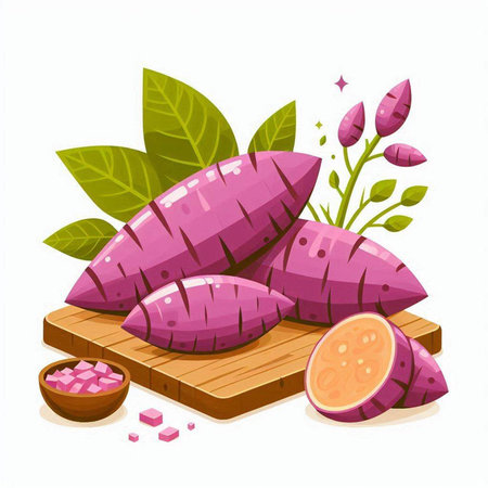 Illustration of sweet potato on wooden cutting board with leaves and salt.のイラスト素材