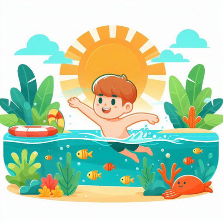 Boy swimming in the sea. Cartoon vector illustration. Summer vacation.のイラスト素材