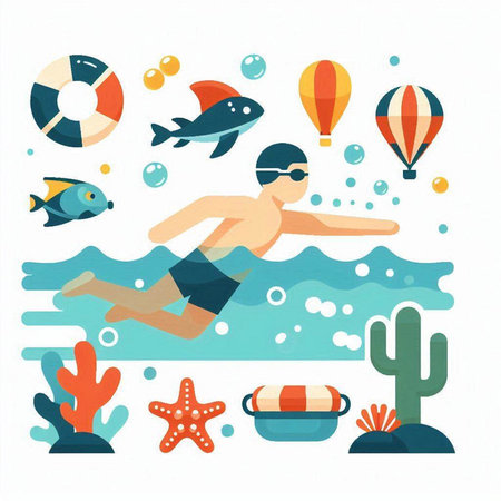 Swimming in the sea. Vector illustration in a flat style.のイラスト素材