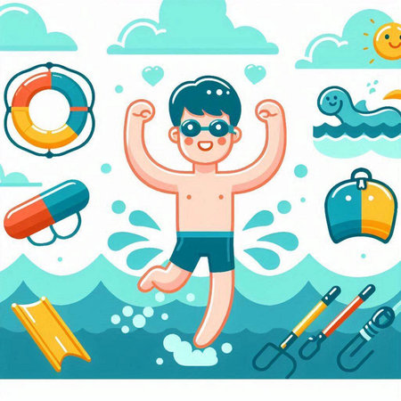 Vector illustration of a boy jumping into the water with swimming equipment.のイラスト素材
