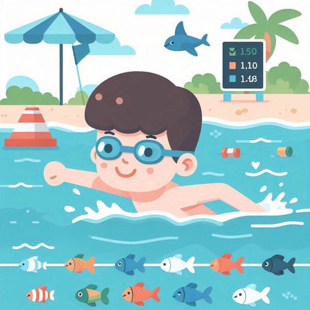 Boy in swimming pool. Vector illustration in flat cartoon style. Boy swims in the pool.のイラスト素材
