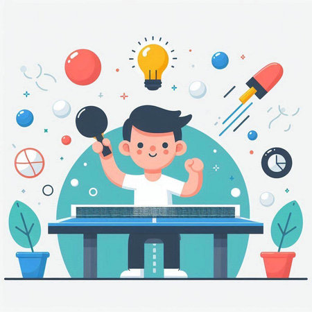 Boy playing table tennis, flat vector illustration. Kid playing table tennis.のイラスト素材