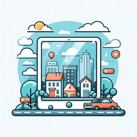 Smartphone with city on the screen. Modern flat vector illustration.のイラスト素材