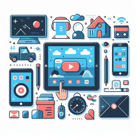 Flat design modern vector illustration concept of social media, online communication, digital marketing, internet advertising.のイラスト素材