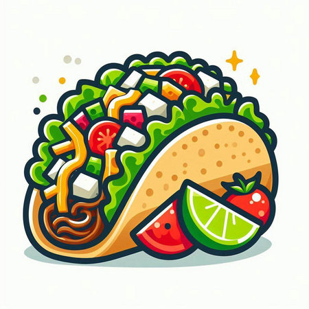Illustration of a Taco with Fruits and Vegetables on a White Backgroundのイラスト素材