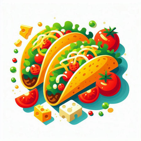 Tacos with vegetables and cheese on a white background. Vector illustration.のイラスト素材
