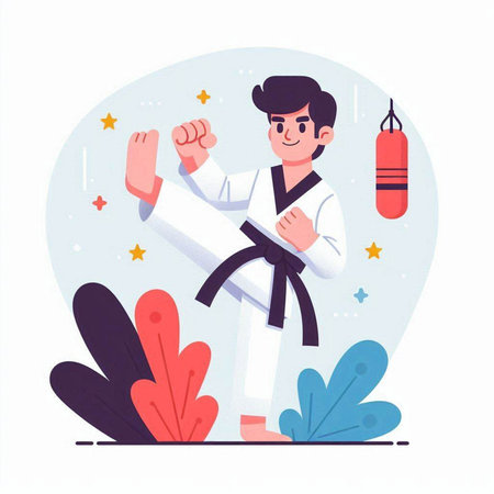 Taekwondo boy. Vector illustration in a flat style.のイラスト素材