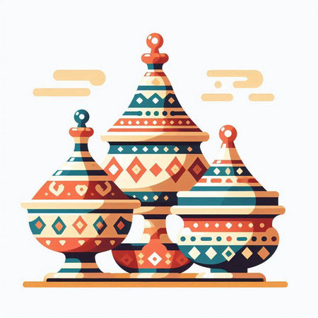 Colorful ethnic ceramic pottery. Vector illustration in flat style.のイラスト素材