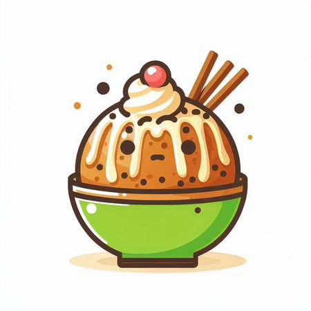 Illustration of a bowl of ice cream with a cherry and chopsticksのイラスト素材