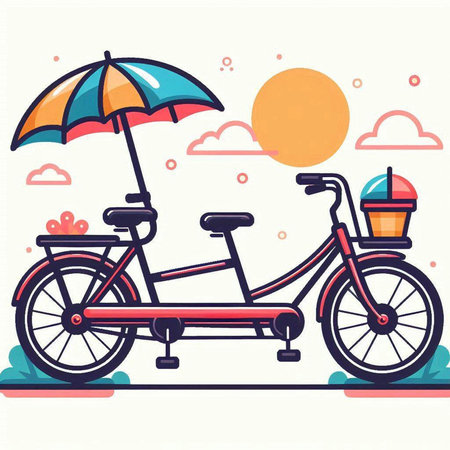 Bicycle and umbrella on the beach. Vector illustration in flat style.のイラスト素材