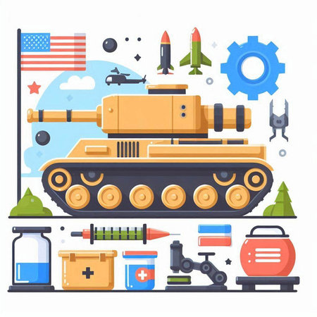 Military equipment, tanks and other military equipment. Flat vector illustration.のイラスト素材