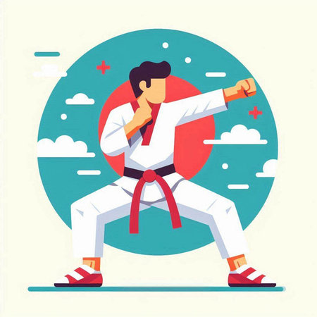 Taekwondo vector illustration. Cartoon man in kimono practicing karate.のイラスト素材
