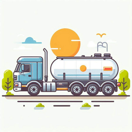 Modern flat vector illustration of oil tanker truck on the road in the countrysideのイラスト素材