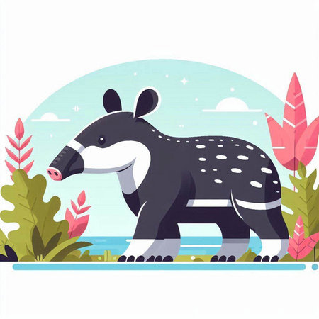 Cute cartoon tapir on the background of nature. Vector illustration.のイラスト素材