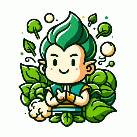 Cute cartoon boy with green leaves. Vector illustration on white background.のイラスト素材