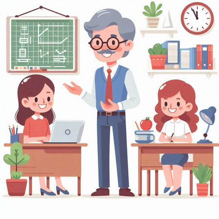 Teacher and students in classroom. Vector illustration in cartoon style.のイラスト素材