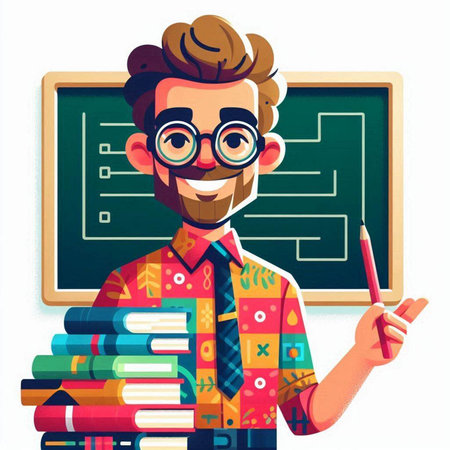Teacher with books and pencil in front of blackboard. Vector cartoon illustration.のイラスト素材