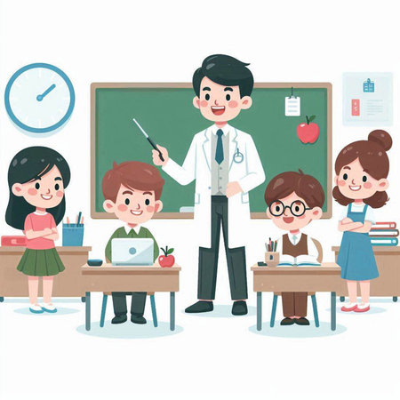 Children in the classroom with their teacher and teacher. Vector illustration.のイラスト素材