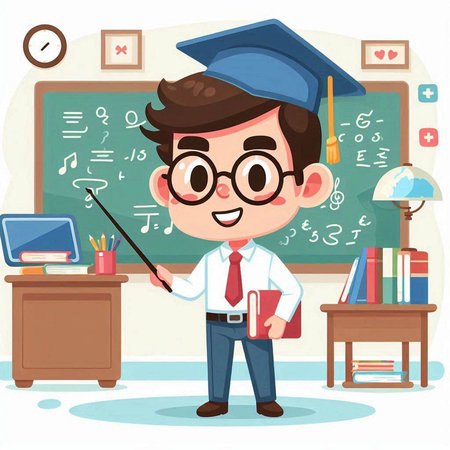 Vector illustration of a male teacher in the classroom. Education concept.のイラスト素材