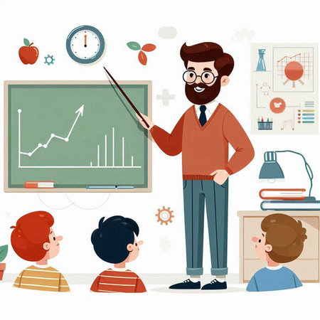 Teacher teaching children in classroom. Vector illustration in cartoon style.のイラスト素材