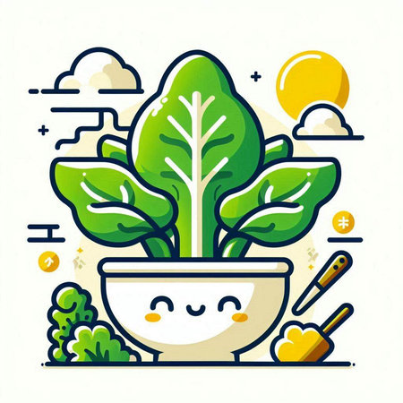Kawaii vegetables and herbs in a bowl. Vector illustration.のイラスト素材