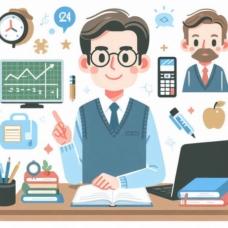 Illustration of a male teacher in front of a desktop full of school suppliesのイラスト素材