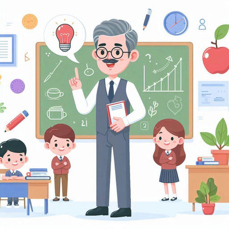 Teacher and students in classroom. Vector illustration in cartoon style.のイラスト素材
