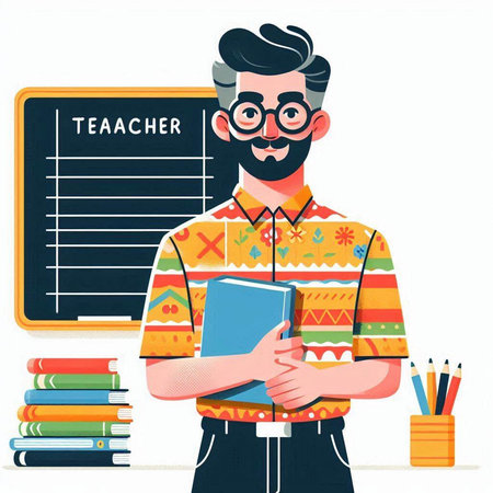 Teacher with books and chalkboard. Vector illustration in cartoon styleのイラスト素材