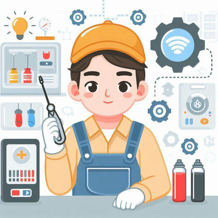 Plumber in helmet and overalls holding a screwdriver. Vector illustration.のイラスト素材