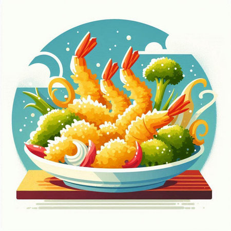 Illustration of fried prawns in a bowl. Vector illustration.のイラスト素材