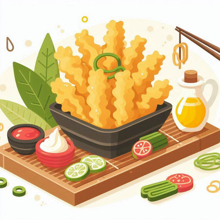 Illustration of a bowl of chinese deep fried noodles with sauceのイラスト素材