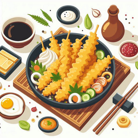 Japanese cuisine isometric composition with shish kebab on black frying pan and ingredients vector illustrationのイラスト素材