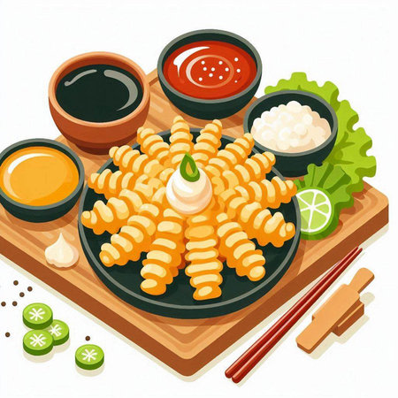 Illustration of fried japanese tempura on a wooden boardのイラスト素材