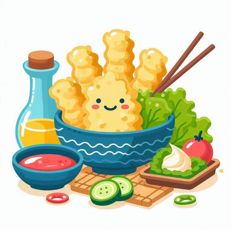Illustration of kawaii fried tempura in bowl with chopsticks, soy sauce, sesame seeds, cucumber, tomatonnaise.のイラスト素材