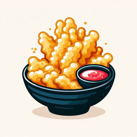 Illustration of a bowl of deep fried potatoes with ketchup.のイラスト素材