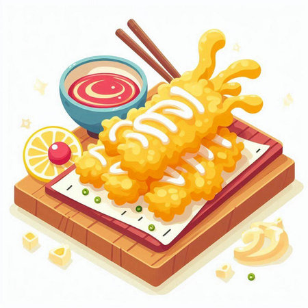 Illustration of Tempura Maki Sushi on a Wooden Boardのイラスト素材