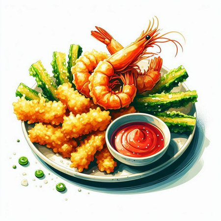 Illustration of fried shrimps with vegetables and sauce on white backgroundのイラスト素材